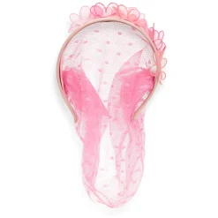 Accessorio per capelli con veletta in tulle rosa con ornamento floreale.