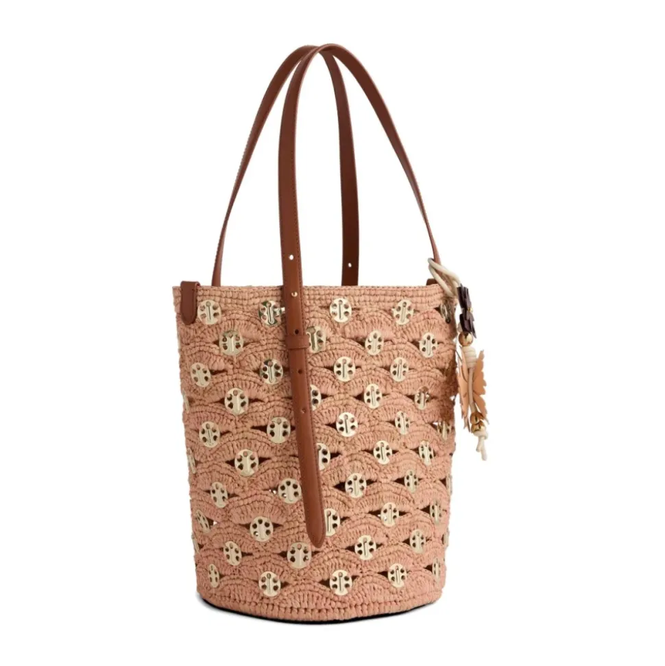 Borsa a secchiello in rafia 1969 con decorazioni