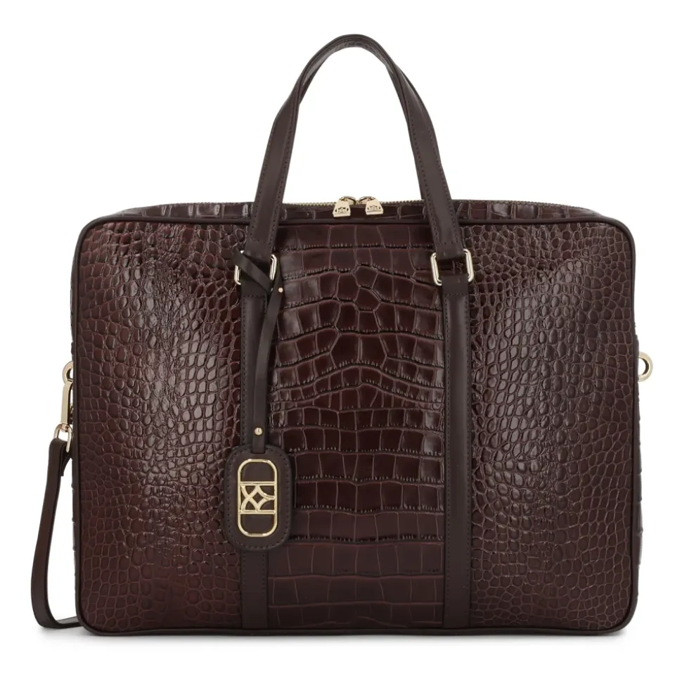 Borsa per laptop in pelle marrone stampata