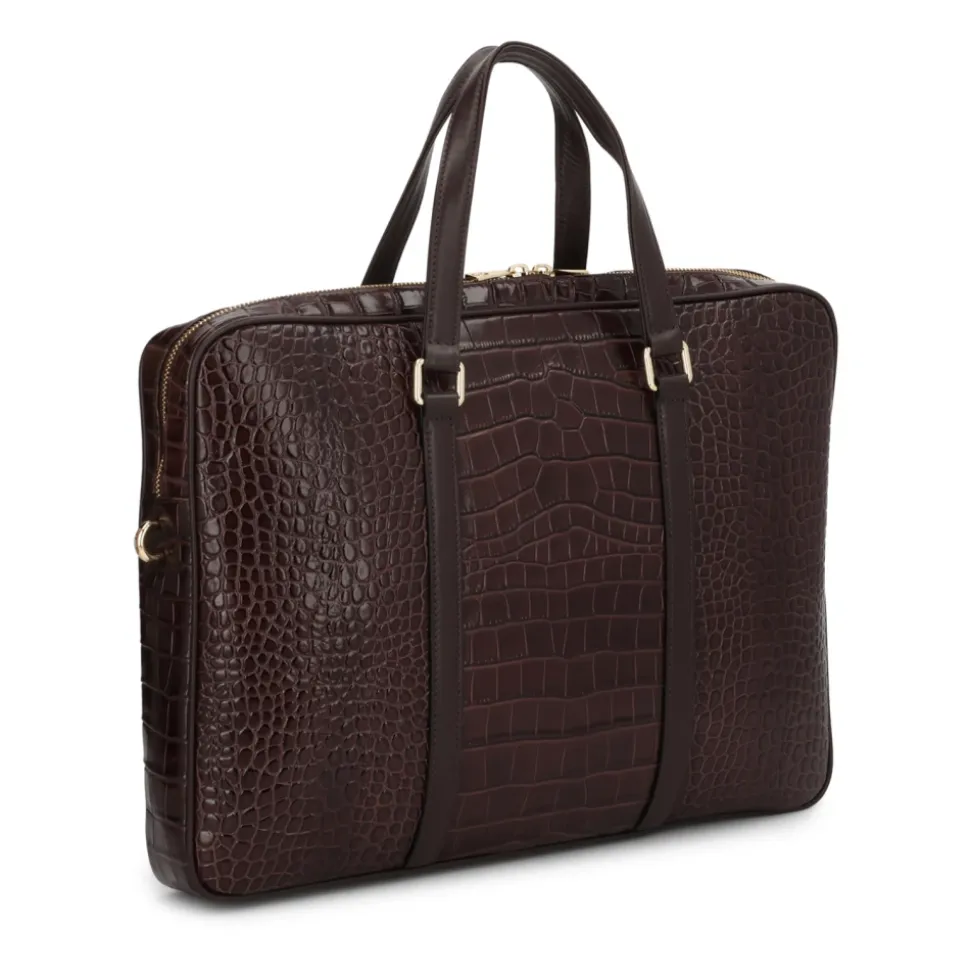 Borsa per laptop in pelle marrone stampata