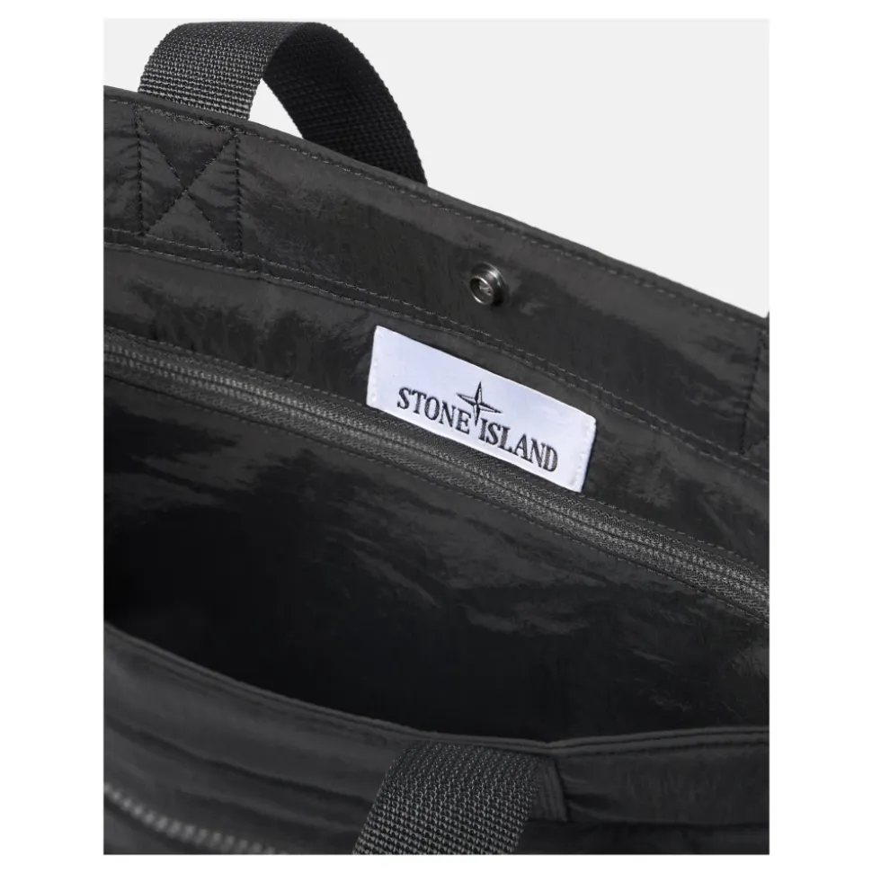Borsa tote nera in nylon metallico iridescente