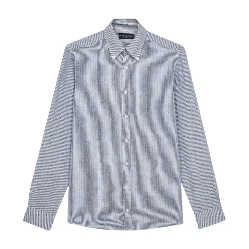 Camicia Casual a Righe Blu Navy in Lino