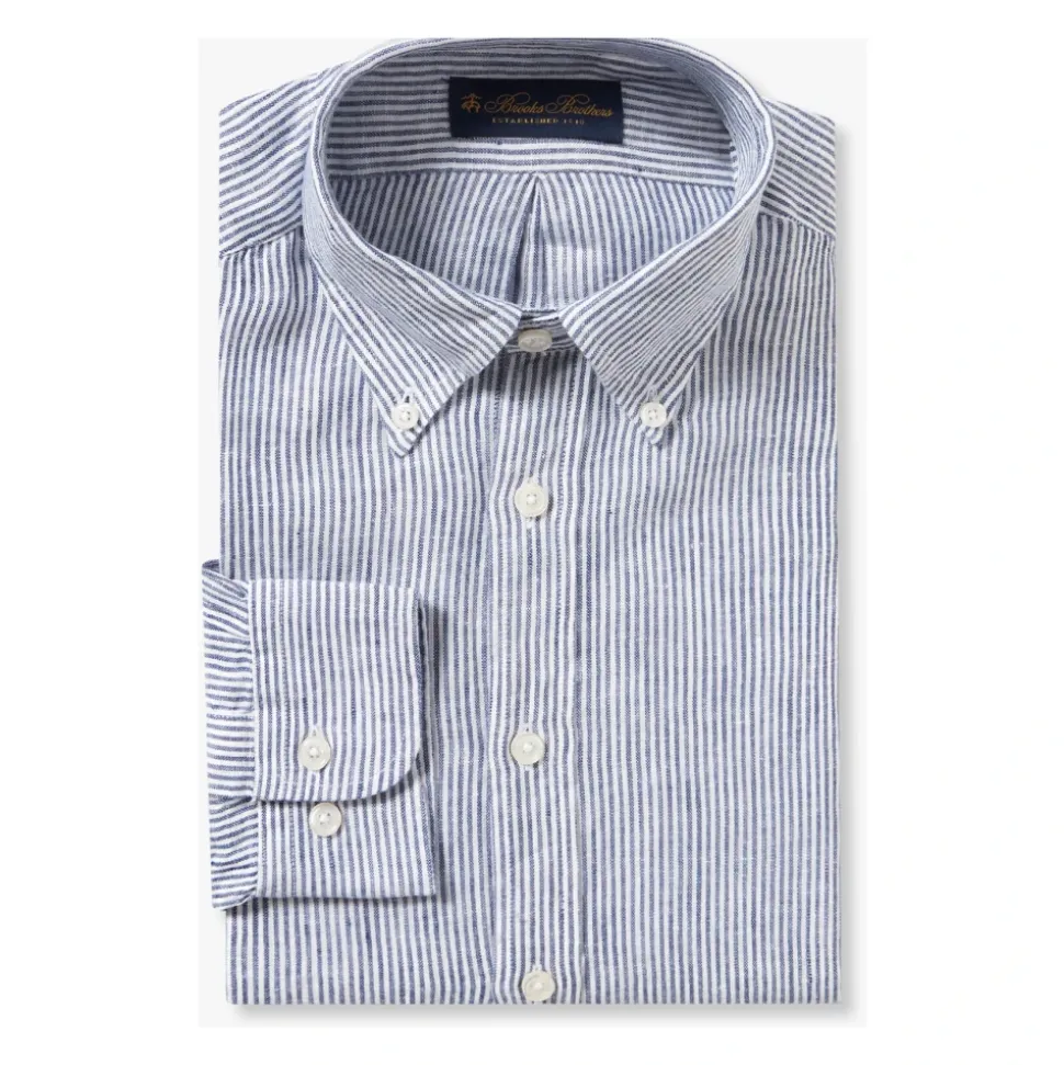Camicia Casual a Righe Blu Navy in Lino