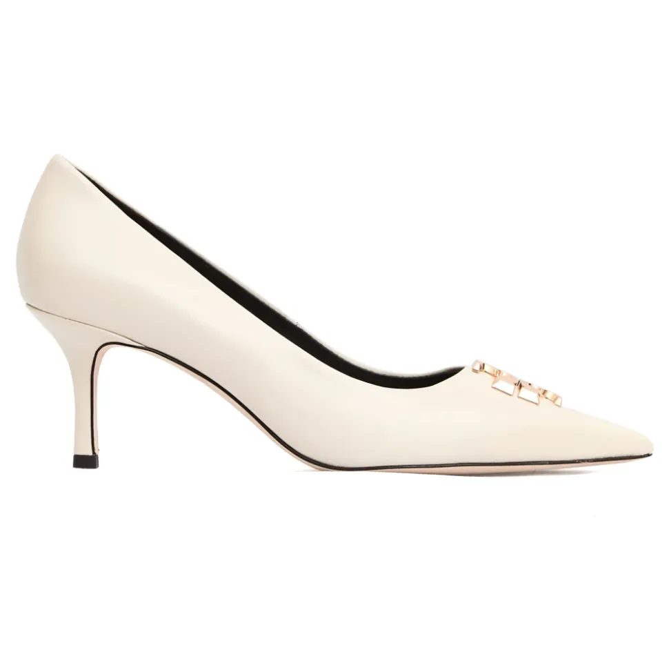 Décolleté in Pelle Beige con Fibbia Oro Tacco