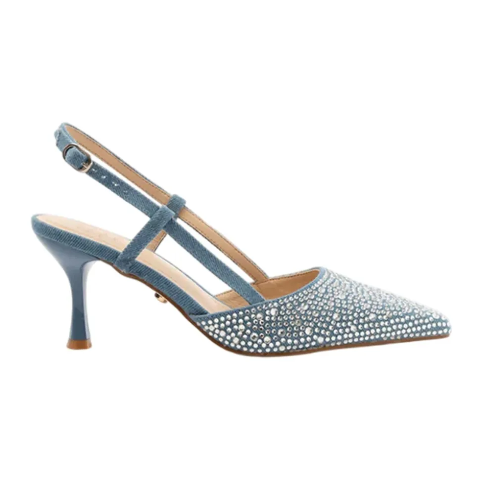 Denim Slingback Scarpe Basse con Strass