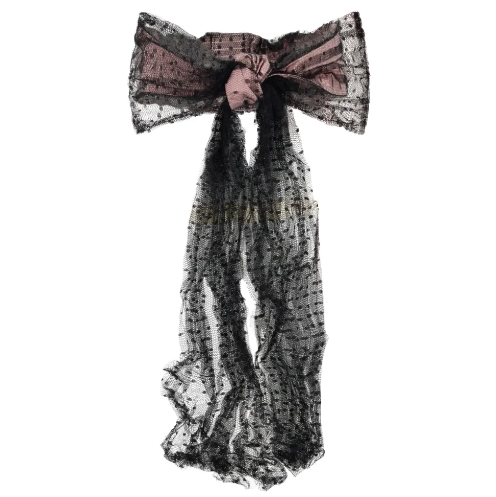 Elegante accessorio per capelli con fiocco sui toni del rosa con rete nera che crea un elegante contrasto.