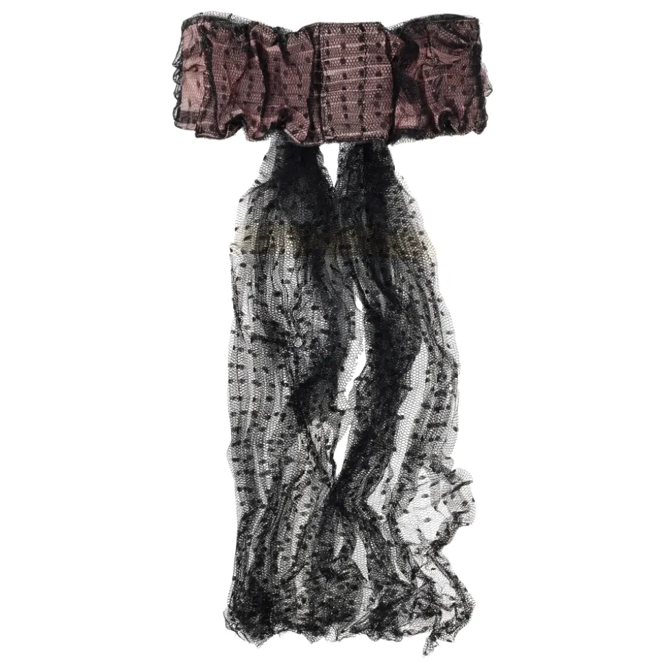 Elegante accessorio per capelli con fiocco sui toni del rosa con rete nera che crea un elegante contrasto.