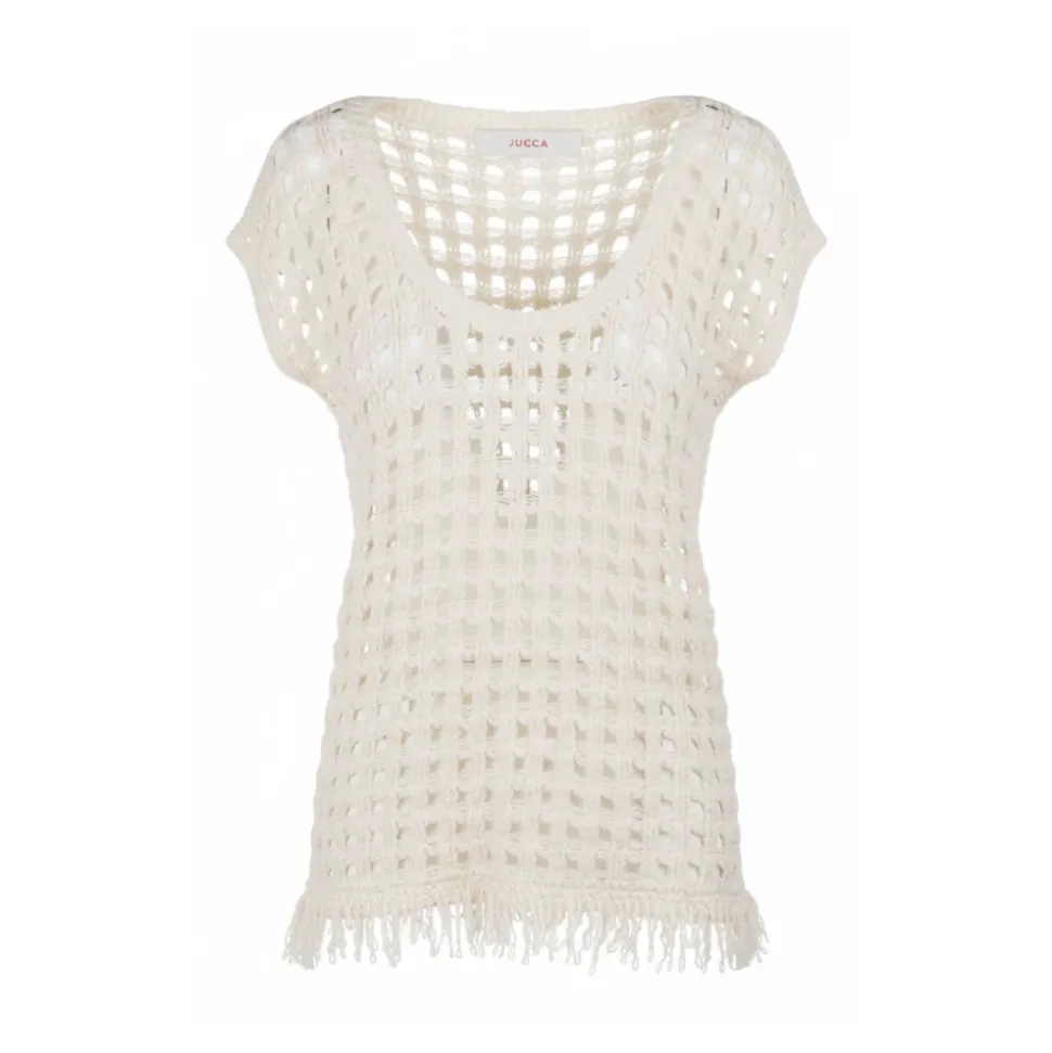 Gilet in maglia a rete con frange