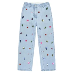 Jeans in Denim con Gemme Decorative