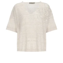 Maglia a Maniche Corte con Scollo a V in Lino e Cotone