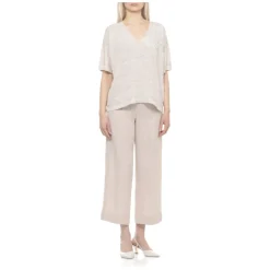 Maglia a Maniche Corte con Scollo a V in Lino e Cotone