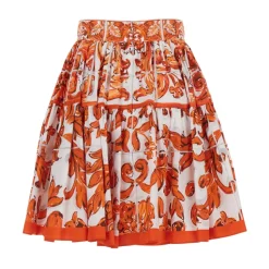 Minigonna Arancione con Stampa Maiolica All-Over in Cotone per Donna