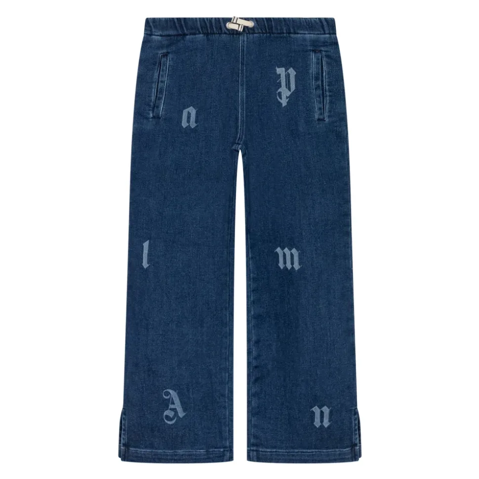 Pantaloni Denim a Gamba Larga con Scritte e Effetto Delavato