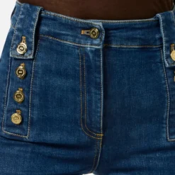 Pantaloni Palazzo Denim con Bottoni Oro