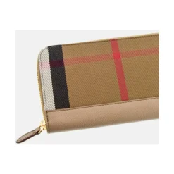 Portafoglio a Scacchi in Pelle Beige con Cerniera
