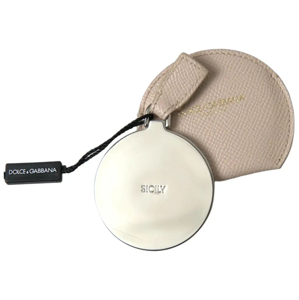 Porta Specchio Tondo in Pelle Beige con Logo