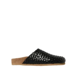 Sabot in Pelle Intrecciata Nera con Tacco Basso