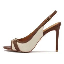 Sandali in pelle e tessuto marrone e beige.Questo prodotto veste piccolo.