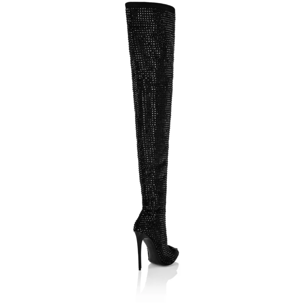 Stivali Overknees in Camoscio e Strass con Tacco Alto Gothic Plein