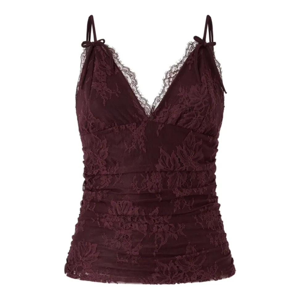 Top smanicato con ruches e pizzo floreale con scollo a V